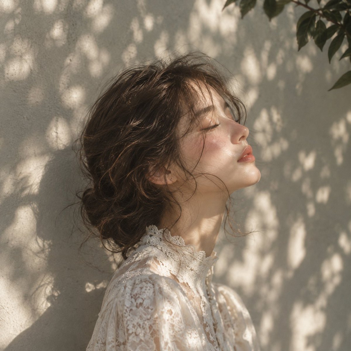 Ethereal fine-art portrait of a young woman in profile, eyes gently closed, hea…