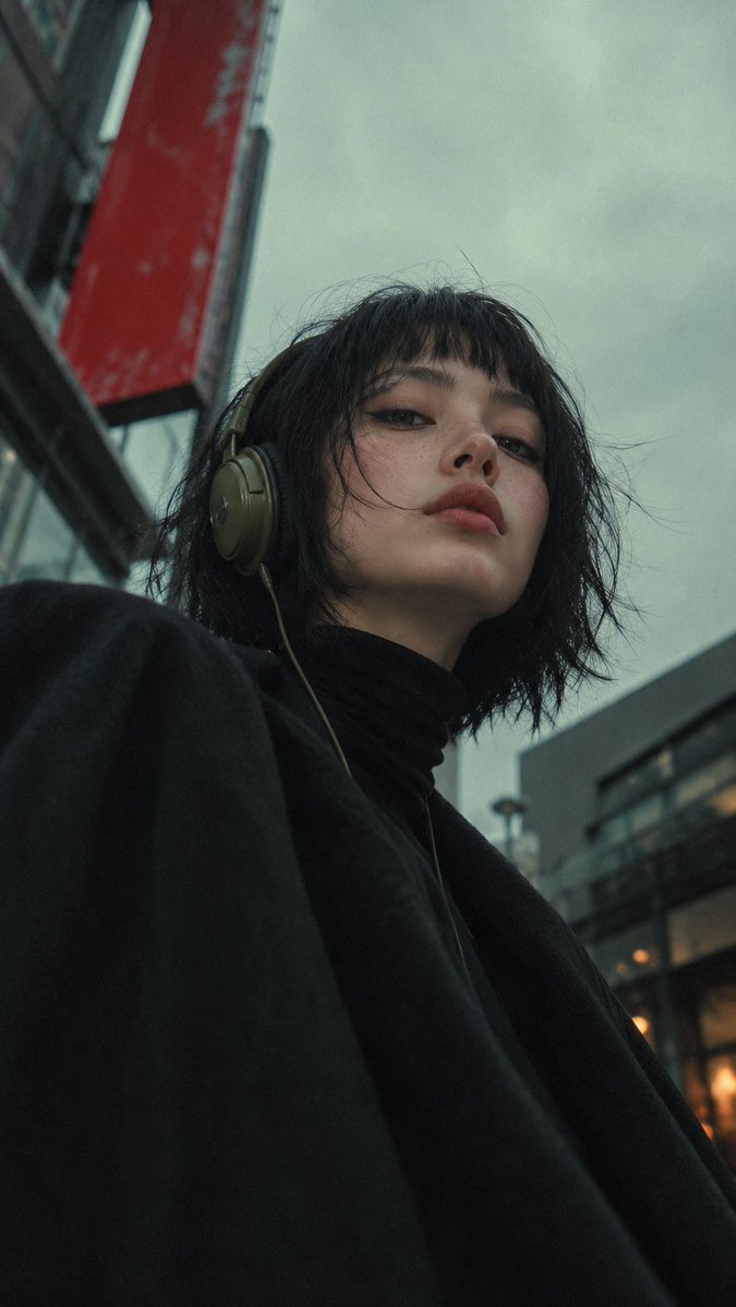 情绪化的电影感街头肖像,以戏剧性的低角度拍摄一位年轻女性,她俯视镜头,神情冷酷、淡漠、略带挑衅。她有着乌黑、层次不齐的蓬松波波头,额前剪着厚重…, 图片 1