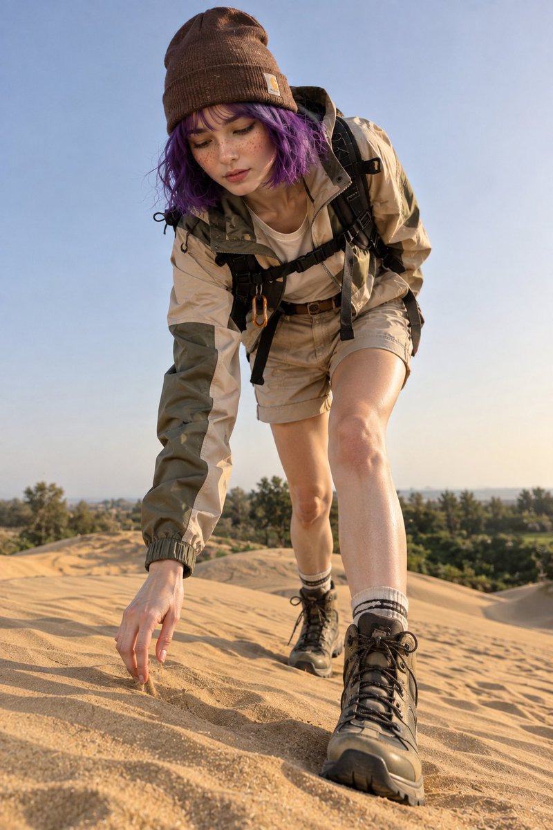 Create a hyper-realistic full-body low-angle outdoor adventure portrait of the …