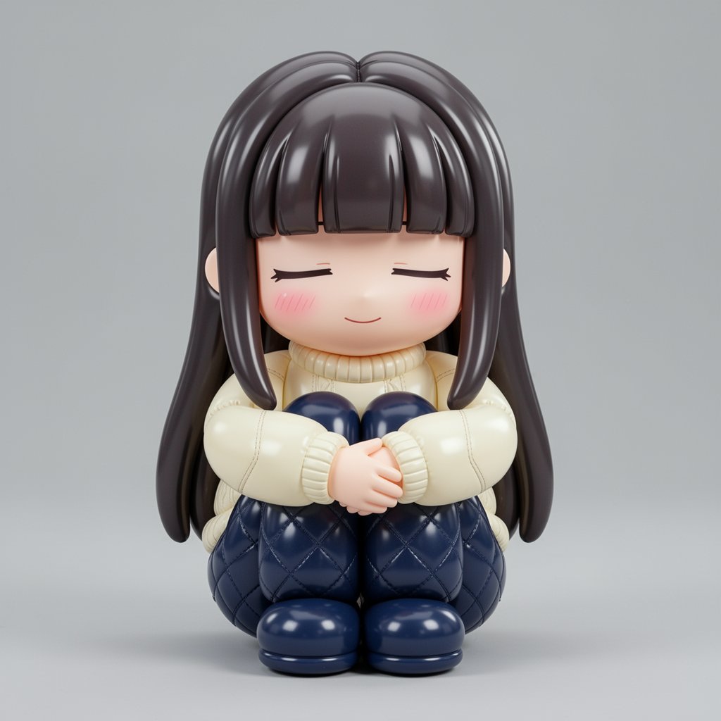 A chibi-proportioned young woman with long straight dark hair and blunt bangs, …