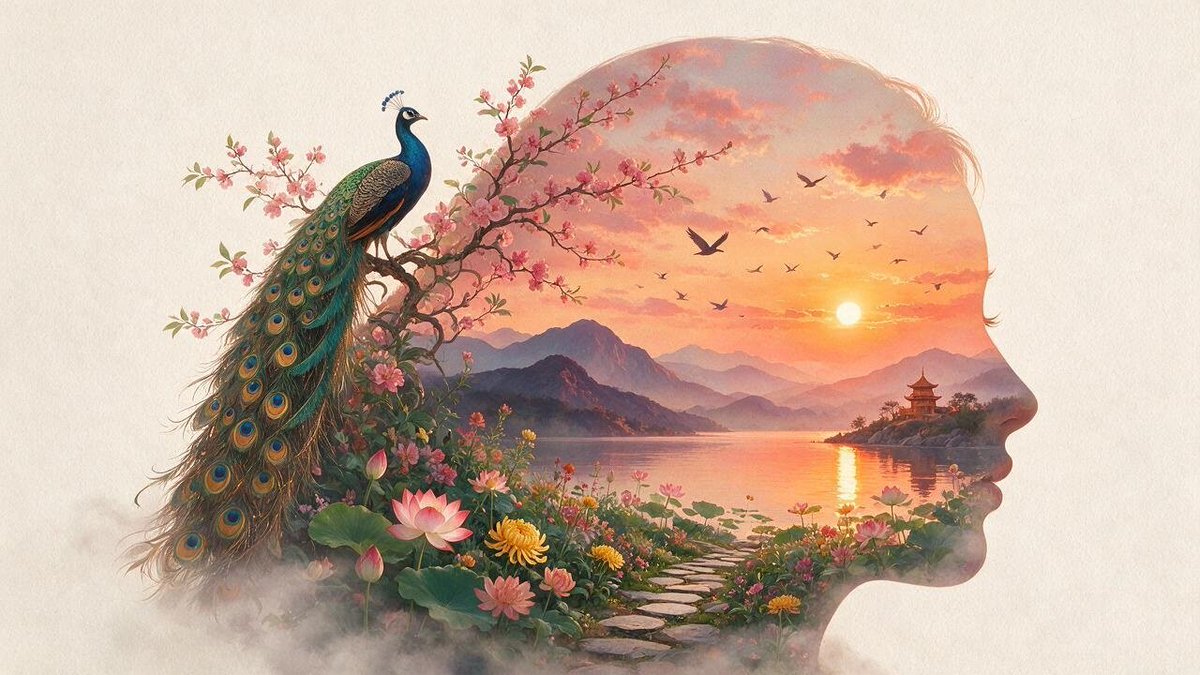 “梦幻般的双重曝光女性侧面剪影，剪影内融合了华丽的孔雀、盛开的樱花、色彩斑斓的莲花、宁静的湖泊、群山、宝塔、飞鸟与熠熠生辉的落日，温暖柔和的粉…, 图片 1