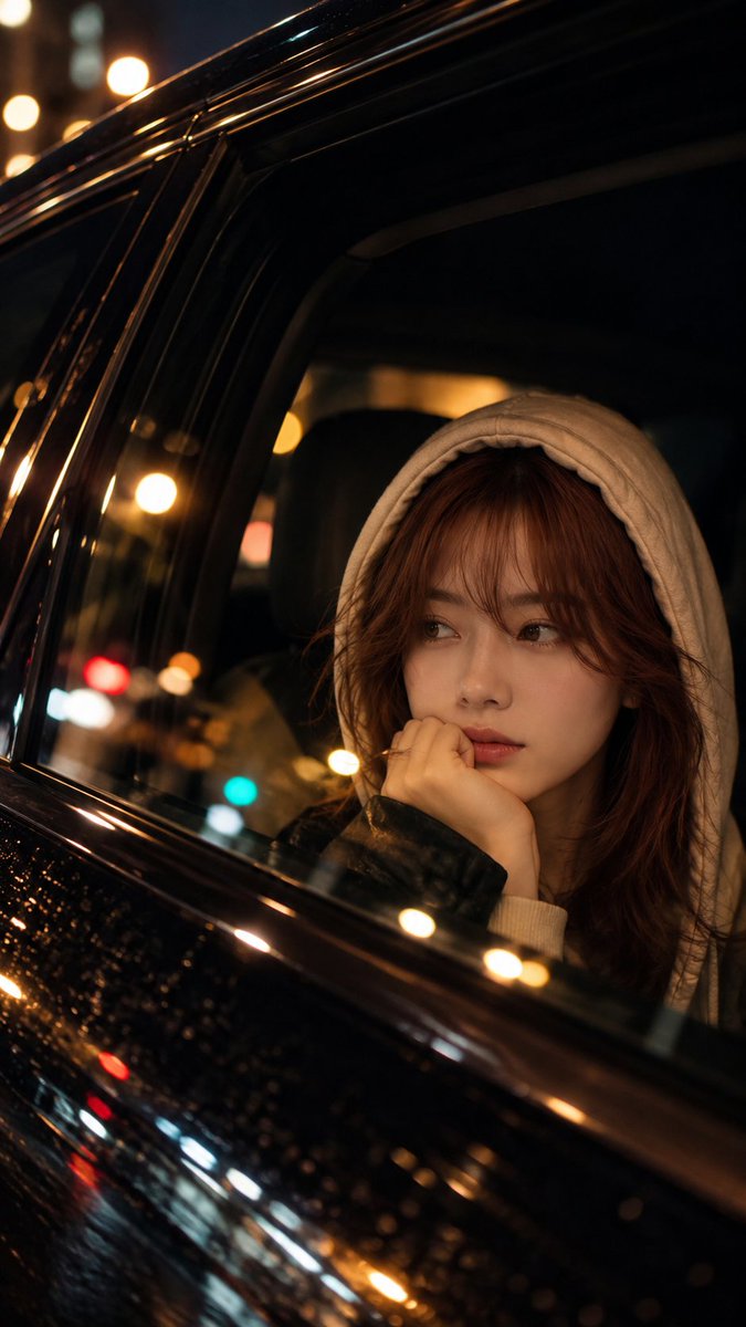 创作一幅电影感、照片写实风格的肖像:一位年轻女性在夜色中坐在一辆深色豪华车内,从车外透过副驾驶侧车窗拍摄。, 图片 1