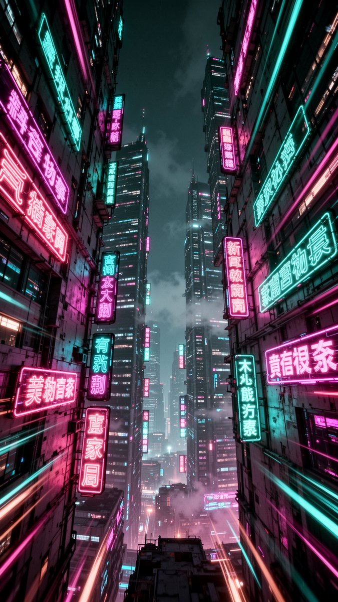 Extreme vertical low-angle shot looking straight up through a dense cyberpunk c…