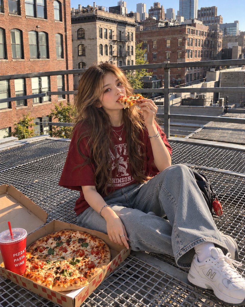 A realistic candid outdoor fashion photo of a young woman with long, wavy brown…