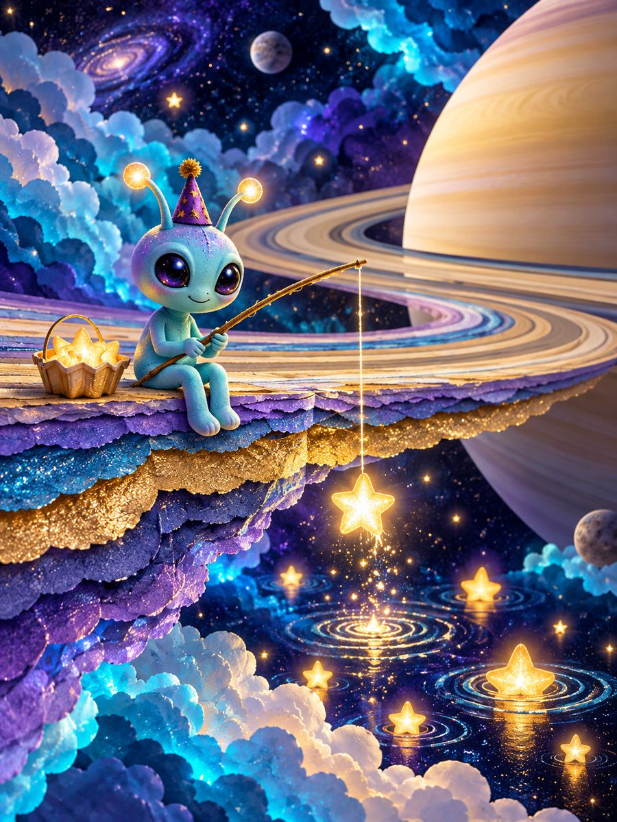 A tiny alien peacefully fishing for stars from the edge of Saturn’s rings, surr…