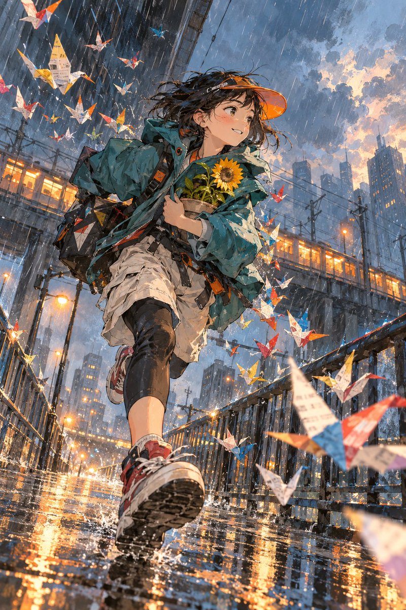 原创动漫少女在暴雨中的城市高架步道上向镜头奔跑，穿宽大的青绿色防雨外套，怀里保护一株盛开的向日葵；大量彩色折纸鹤被狂风卷过画面。极低机位广角透视，前脚逼近镜头…