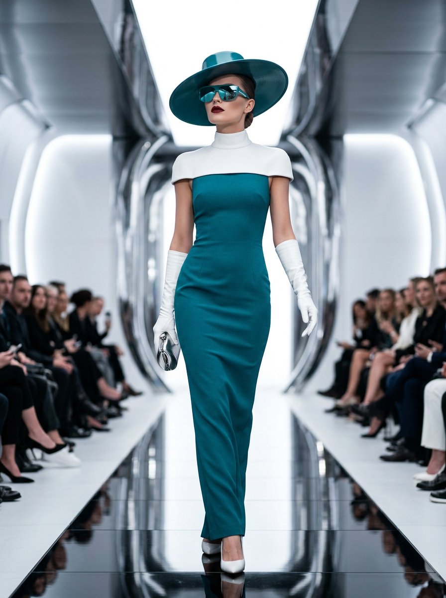 { "scene": { "location": "fashion runway or high-end editorial set", "lighting"…