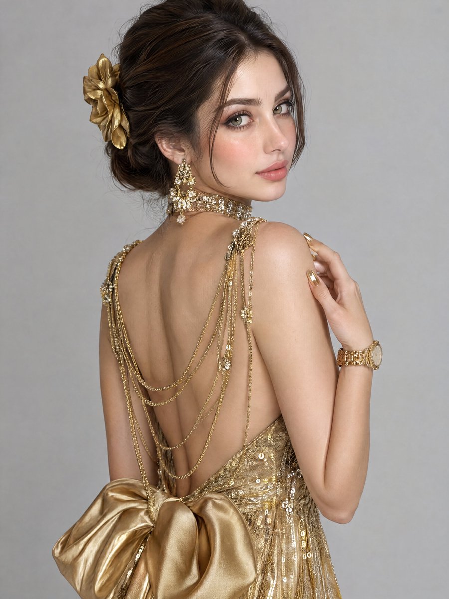 Create a photorealistic luxury fashion portrait of a beautiful young woman look…