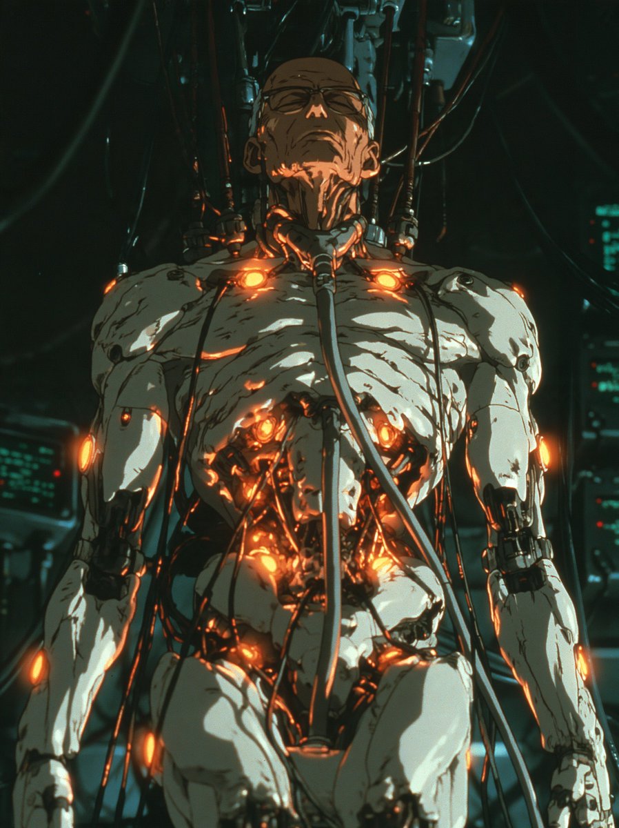 1990s anime OVA cel still, old cyborg man suspended upright by cables in a dark…