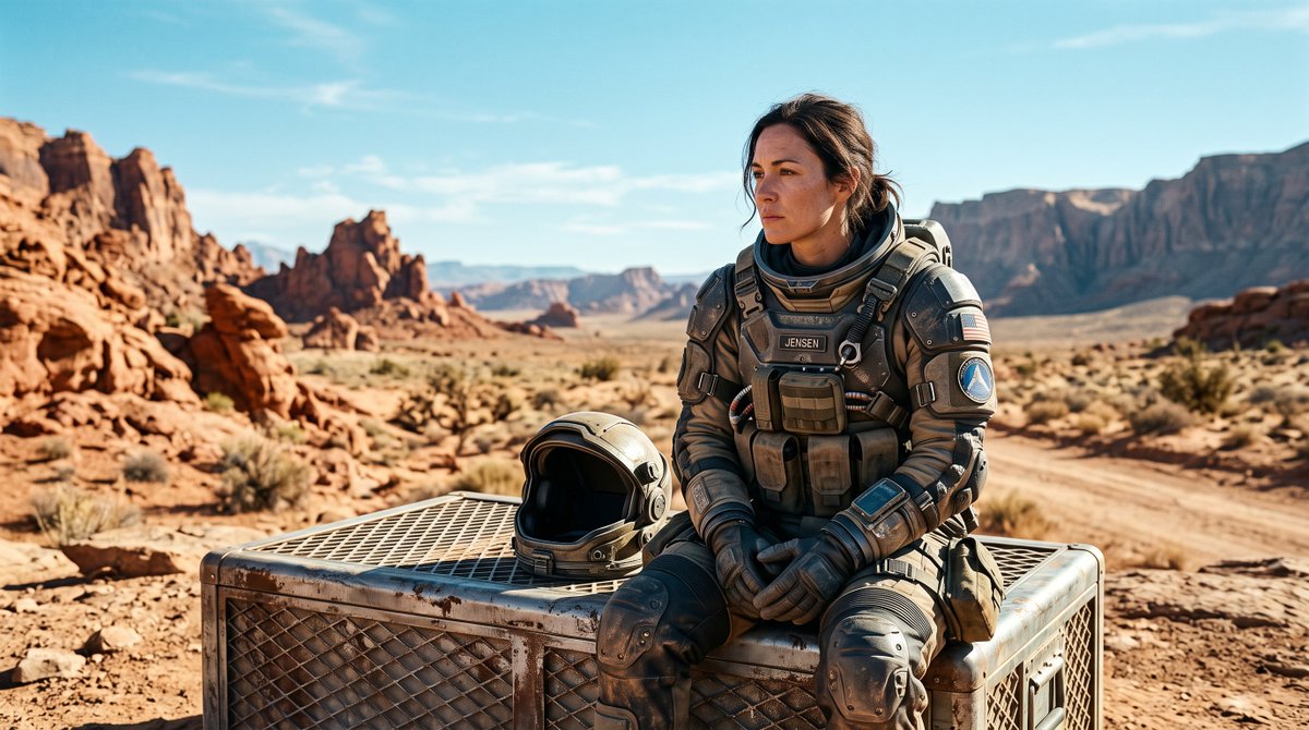 Photorealistic cinematic image of a female astronaut in a detailed, tactical-st…