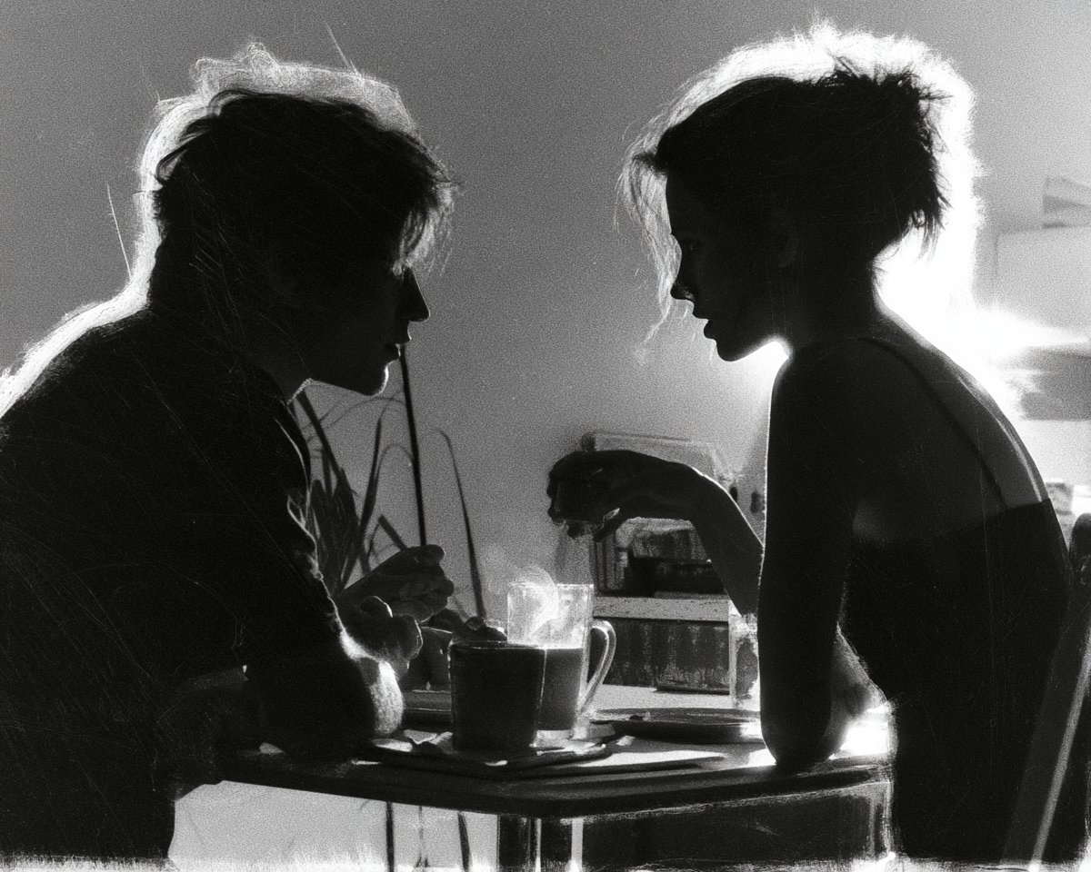 Solarized darkroom photograph of a young couple sharing coffee at a small kitch…