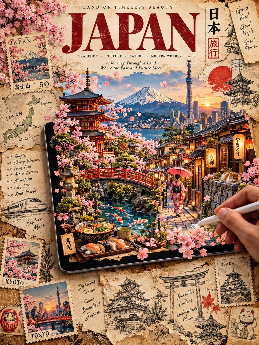 一张高端复古旅行海报，以 [Country/City Name]（国家/城市名称）为主题，中央放置一台大型平板电脑，屏幕中展示一座手工制作的 …, 图片 3