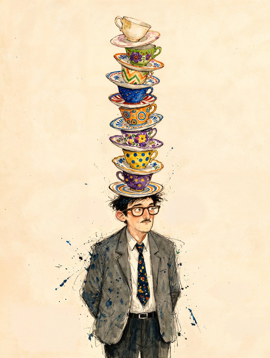 A whimsical sketchbook style illustration depicts a man with a tall stack of vi…