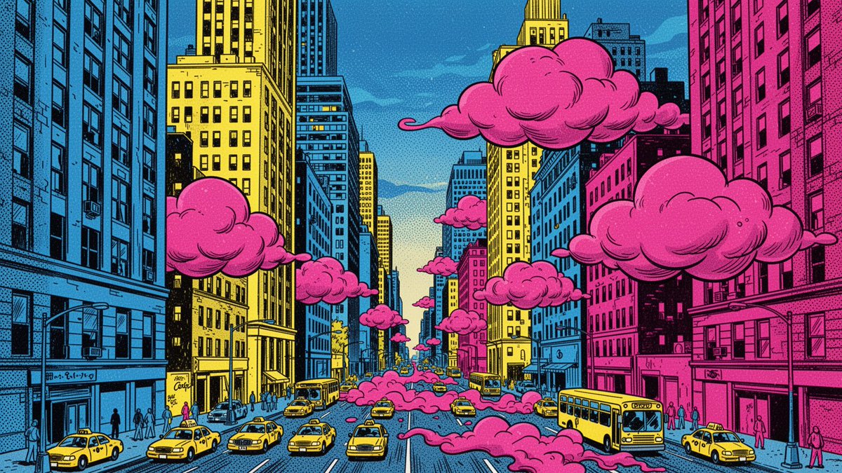 "Bold flat-color pop-art illustration of a dense Manhattan-style avenue at dusk…