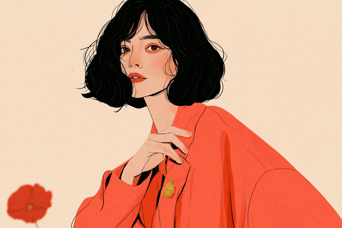 一幅极简主义插画，以柔和的米色为背景，描绘一位[subject]，[hair description]，[facial details]若隐若…, 图片 4