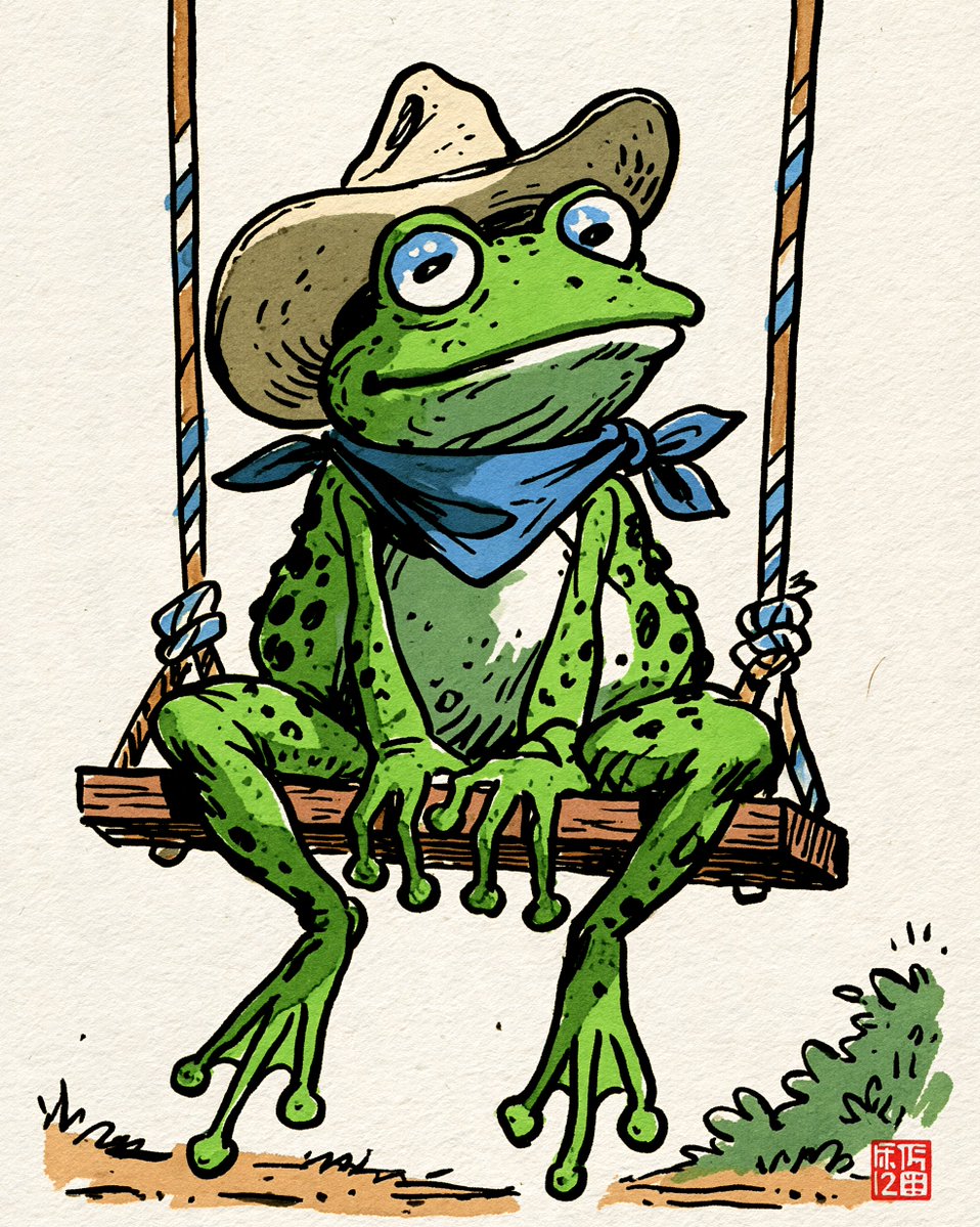 一幅充满奇趣的插画描绘了一只戴着牛仔帽和蓝色领巾的绿色青蛙，坐在一个木制秋千上。秋千由两根绳子吊起，每根绳子上都装饰着蓝白相间的条纹。青蛙的眼…, 图片 1