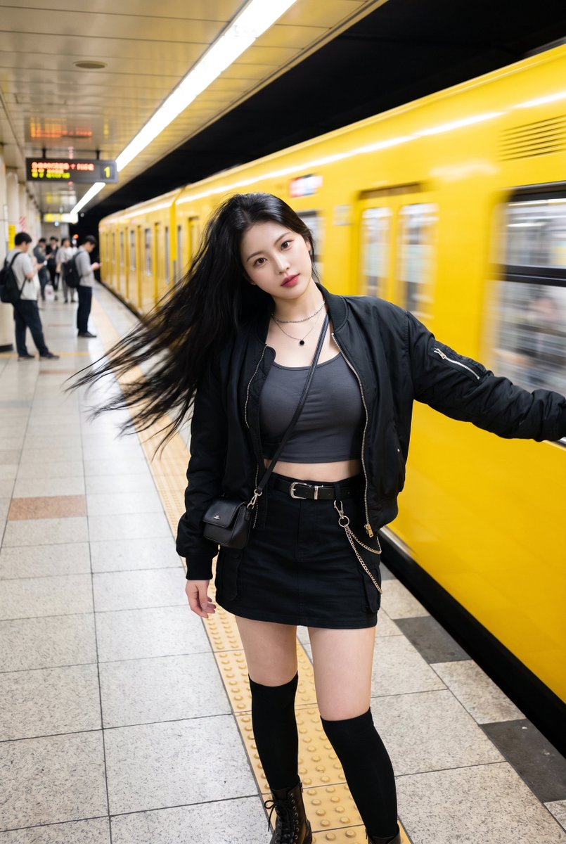 Windy subway platform with a beautiful woman wearing a urban outfit. 1. Nano Ba…