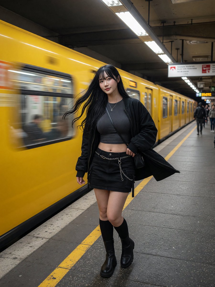 风中的地铁站台，一位美丽的女性身穿都市风格装扮。, 图片 2