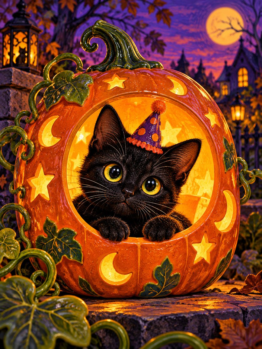 一只眼神明亮的黑色小猫从一只发光的南瓜形陶瓷灯笼的圆形开口处探头张望,两只前爪搭在灯笼的下沿。光滑的陶土、大胆的麻胶版画纹理,以及莹润的彩绘釉…, 图片 1