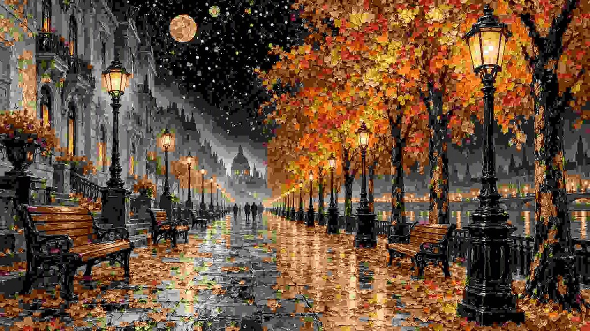 A highly detailed textured mixed-media cityscape artwork of a nighttime bouleva…