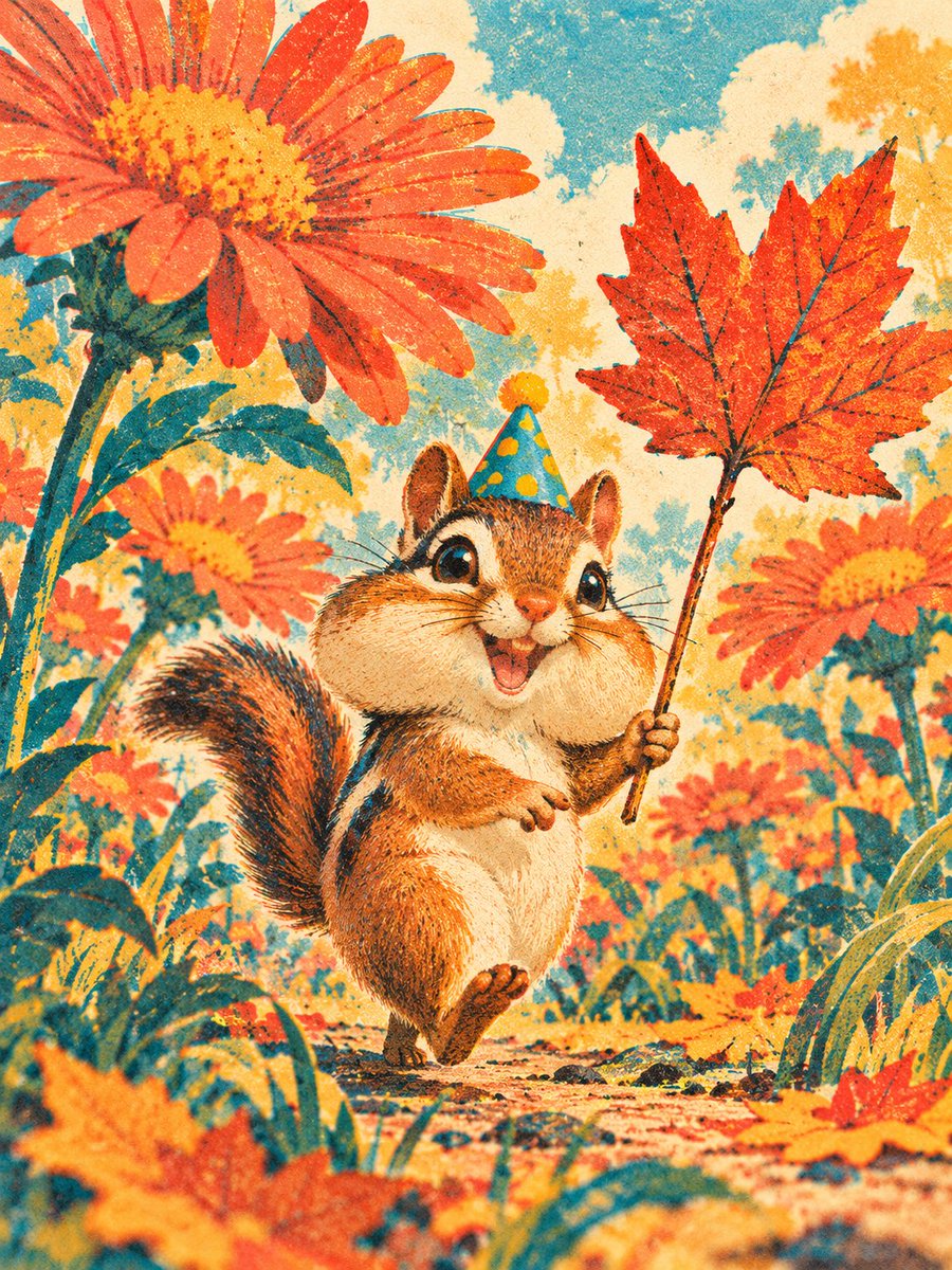 A ridiculously adorable chipmunk marching through a miniature meadow of enormou…