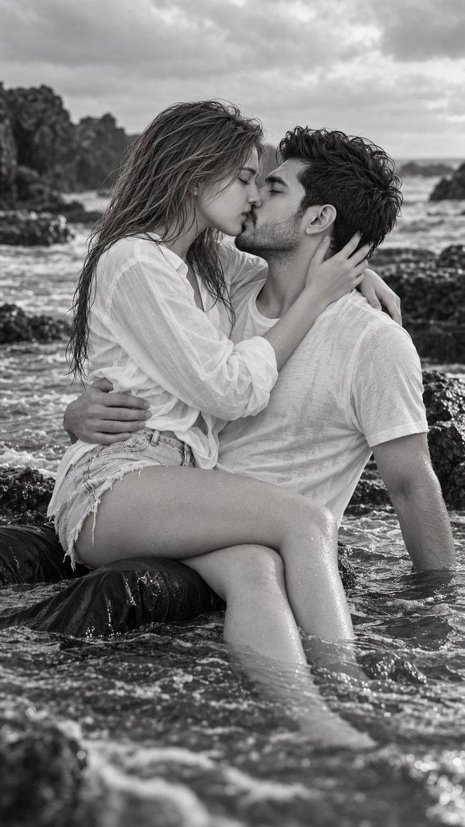 Hyper-realistic IMAX-level Netflix-style cinematic black-and-white romantic sea…