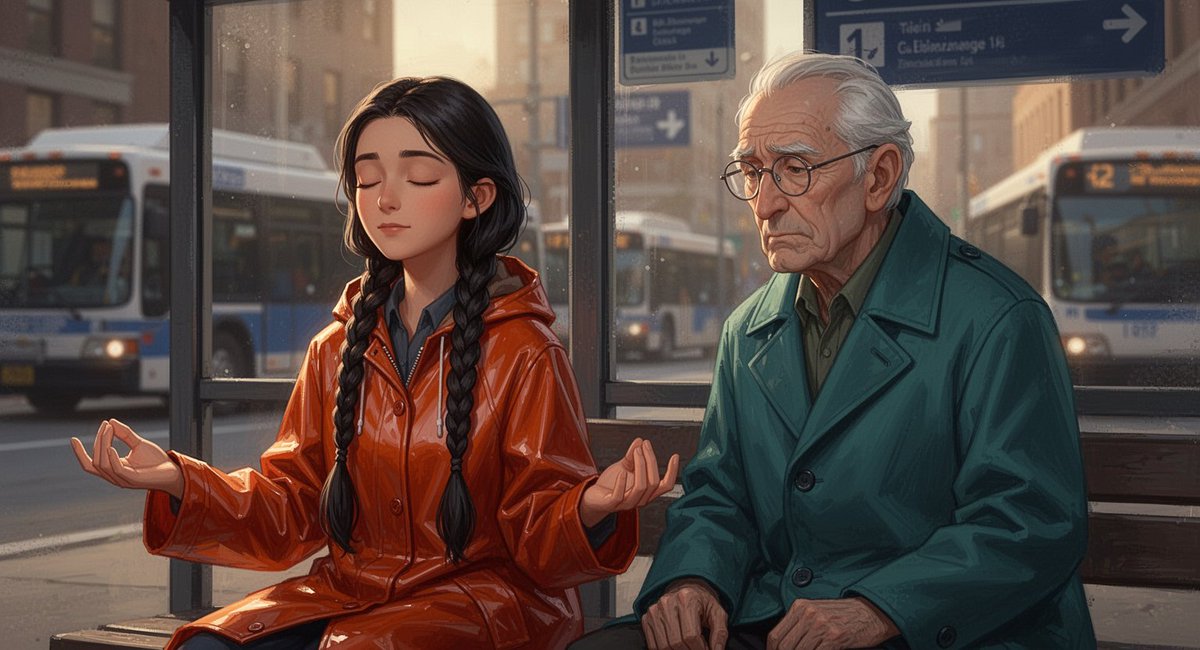Painterly animated film still, cinematic urban suspense scene: a young woman wi…