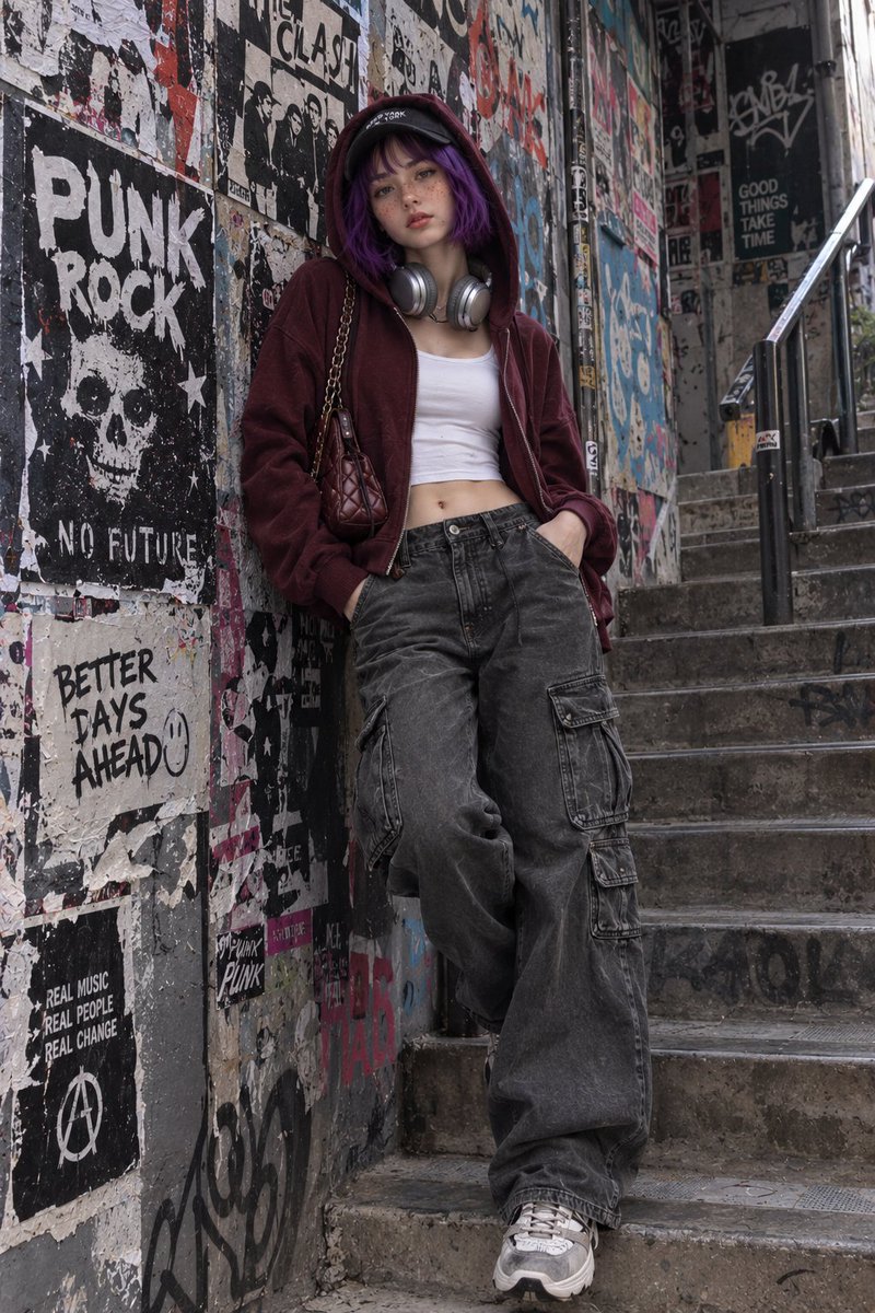 Create a hyper-realistic medium full-body urban fashion portrait of the same yo…