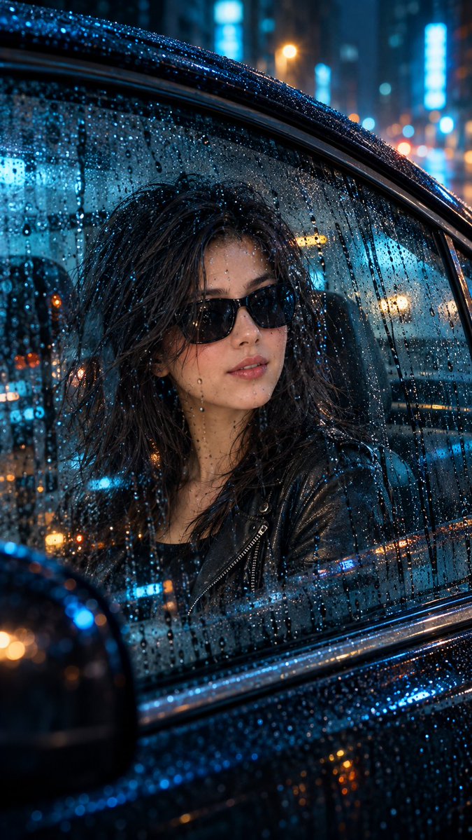 超写实 IMAX 级 Netflix 风格电影感雨夜车内人像肖像,9:16 竖版。以所上传的图片作为主要视觉参考,并严格保留其面部特征、比例及…, 图片 1