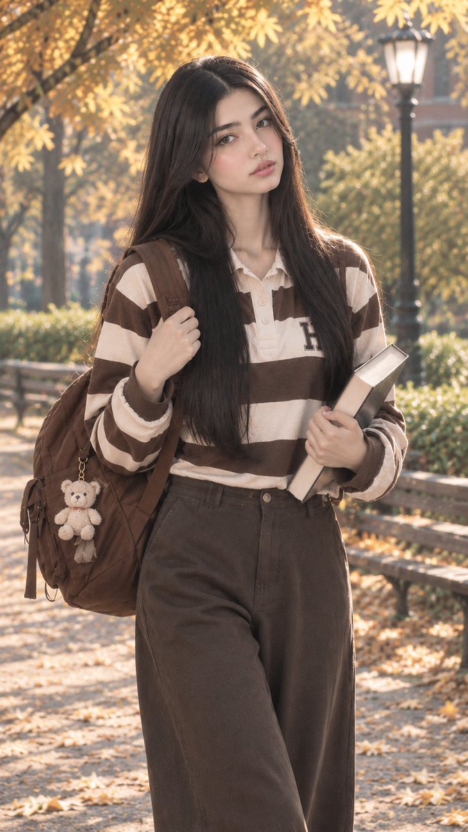 一位美丽的韩国女孩，一位年轻的成年韩国女性，优雅地坐在秋日公园的木质长椅上，穿着同样的棕白条纹撞色复古橄榄球polo衫，带有“H”字章徽，搭配…, 图片 1