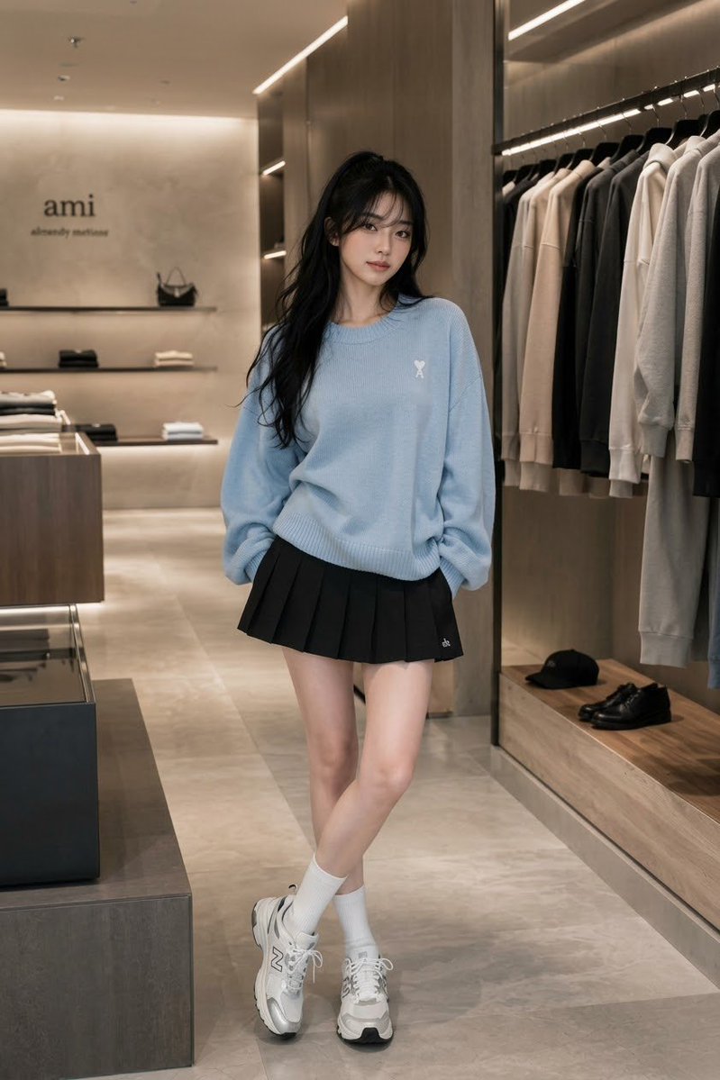 一张全身时尚编辑风格的人像照片，画面中是一位美丽的年轻女性，其外貌与参考形象一致：长而富有光泽的深色头发、柔和的刘海、白皙的肤色，以及精致柔美…, 图片 1