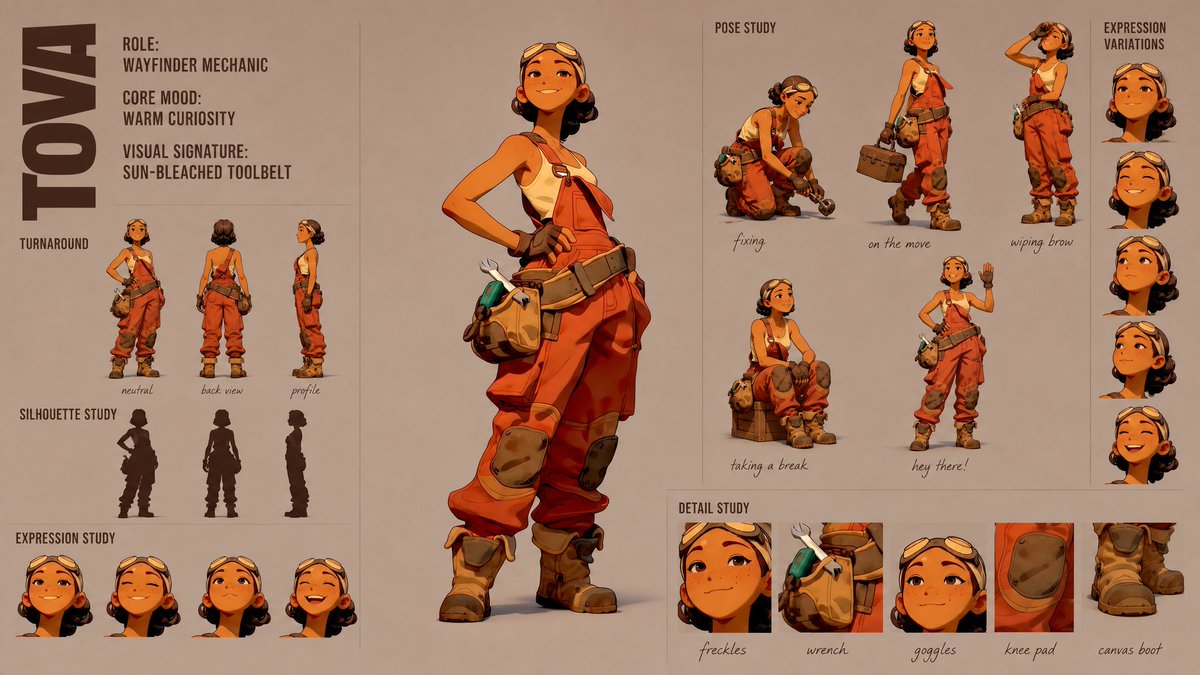 Create a premium, modern high-fashion CHARACTER CONCEPT ART SHEET in a 16:9 wid…