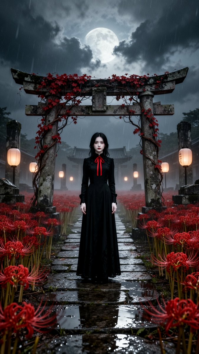 A mysterious young woman with pale skin and dark hair stands alone on a stone p…