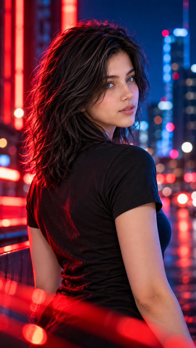 Hyper-realistic IMAX-level Netflix-style cinematic red-and-blue neon night port…