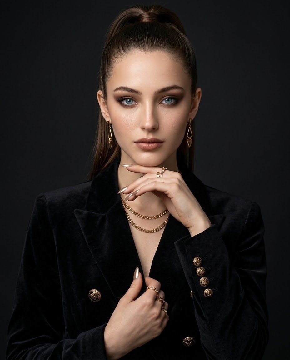 > Ultra-photorealistic luxury fashion portrait of an elegant woman wearing a st…