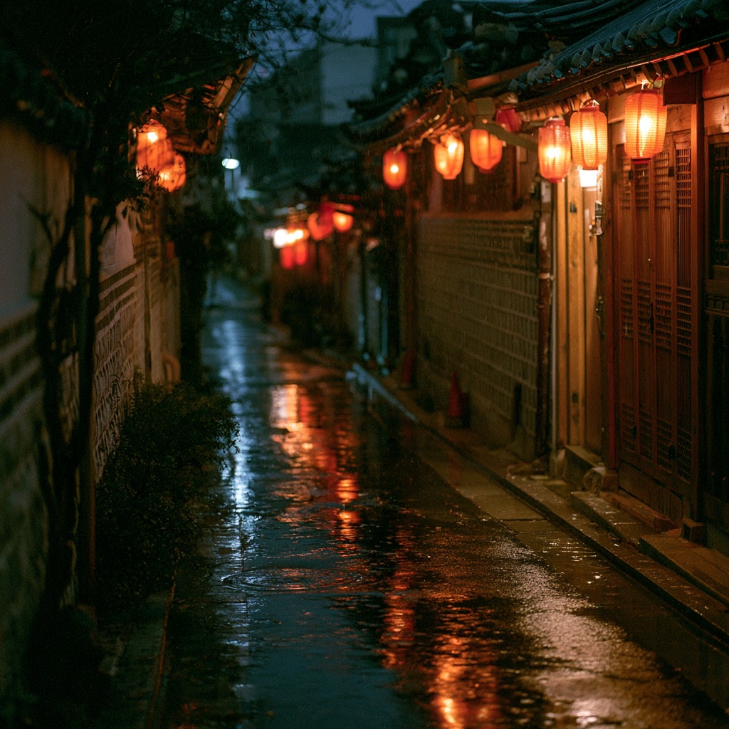 a quiet Seoul alley at night after rain, hanok lanterns glowing, warm reflectio…