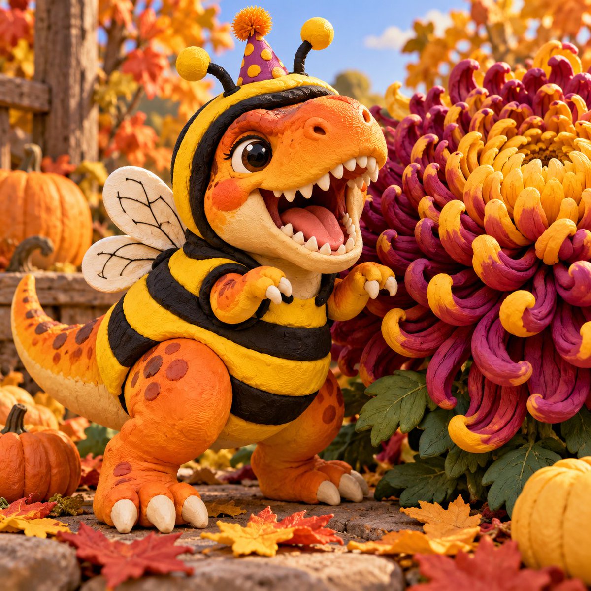 A chubby baby T. rex in a bumblebee costume, its two tiny arms and long tail vi…