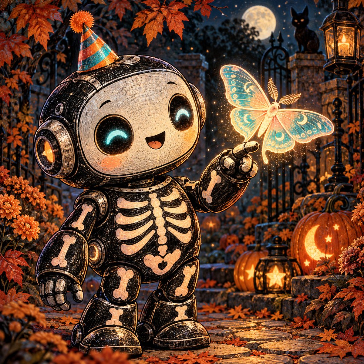 A friendly round robot wearing a black costume with simple painted skeleton bon…
