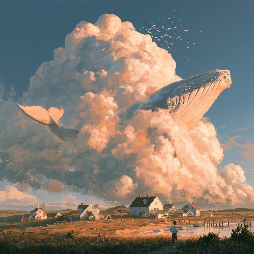 a giant whale made of clouds drifting over a tiny seaside village at golden hou…