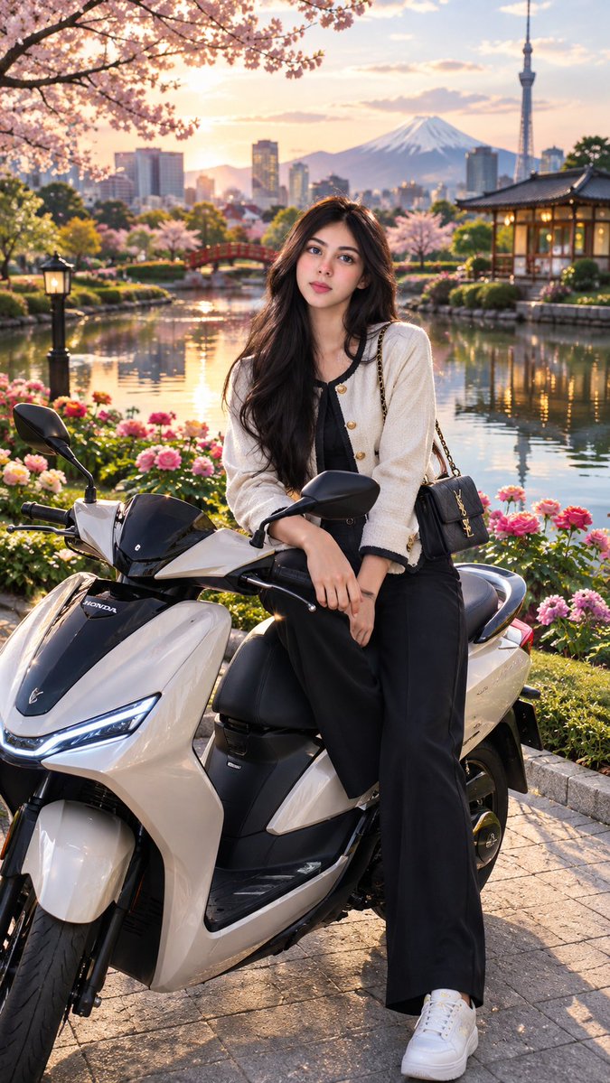 A stunning young woman sitting elegantly on a brand-new luxury scooter, posing …