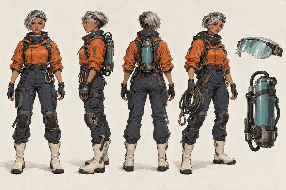 创建一张专业游戏/动画角色 Character Sheet。原创成年女性高空遗迹勘探员:暖棕肤色、短而凌乱的银灰发、透明青绿色护目镜、旧橙色技术夹克、深灰工装…