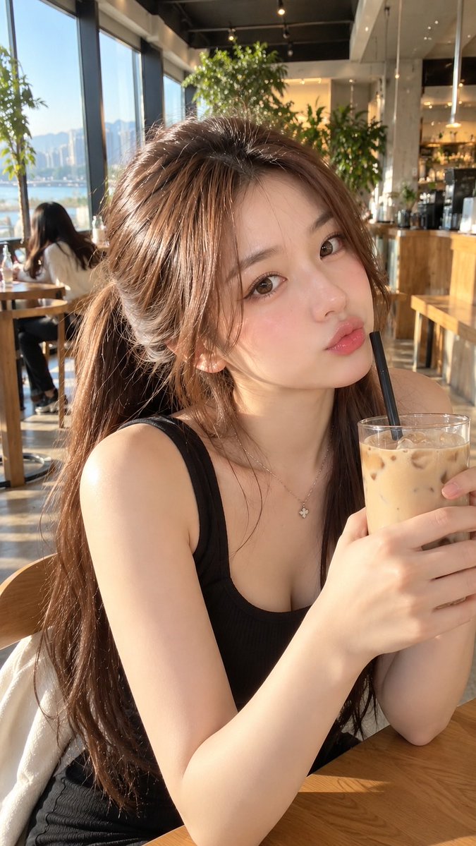 一位美丽的年轻韩国女性，长长的丝滑棕色头发松松地扎成低马尾，妆容是水润的韩系妆容，柔和的腮红，自然水润的肌肤，水润饱满的嘴唇，精致的五官，可爱…, 图片 1