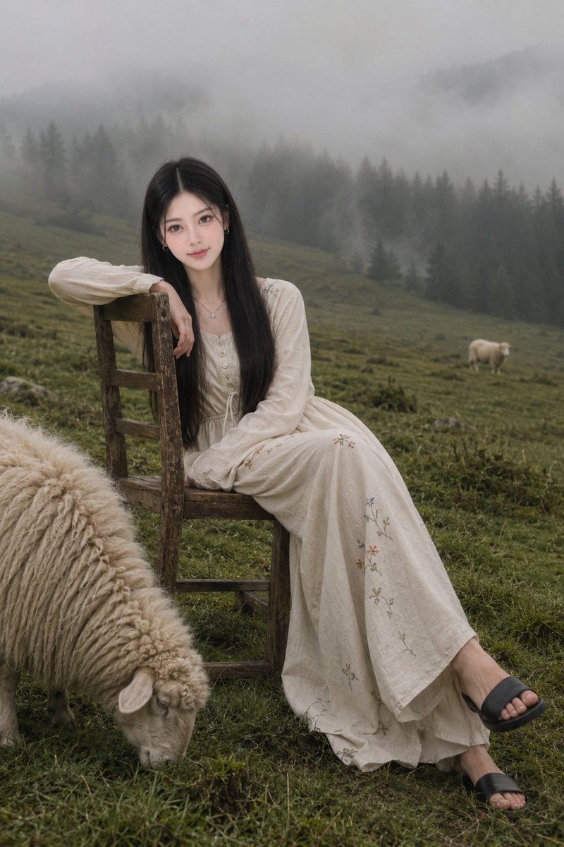 Create a photorealistic 9:16 vertical portrait of a beautiful young woman sitti…