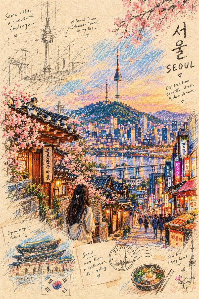 一幅视觉震撼的彩色铅笔与蜡笔插画，描绘[CITY / COUNTRY / LANDMARK]，从松散的手绘草图逐渐演变为细节丰富的场景。作品以…, 图片 1