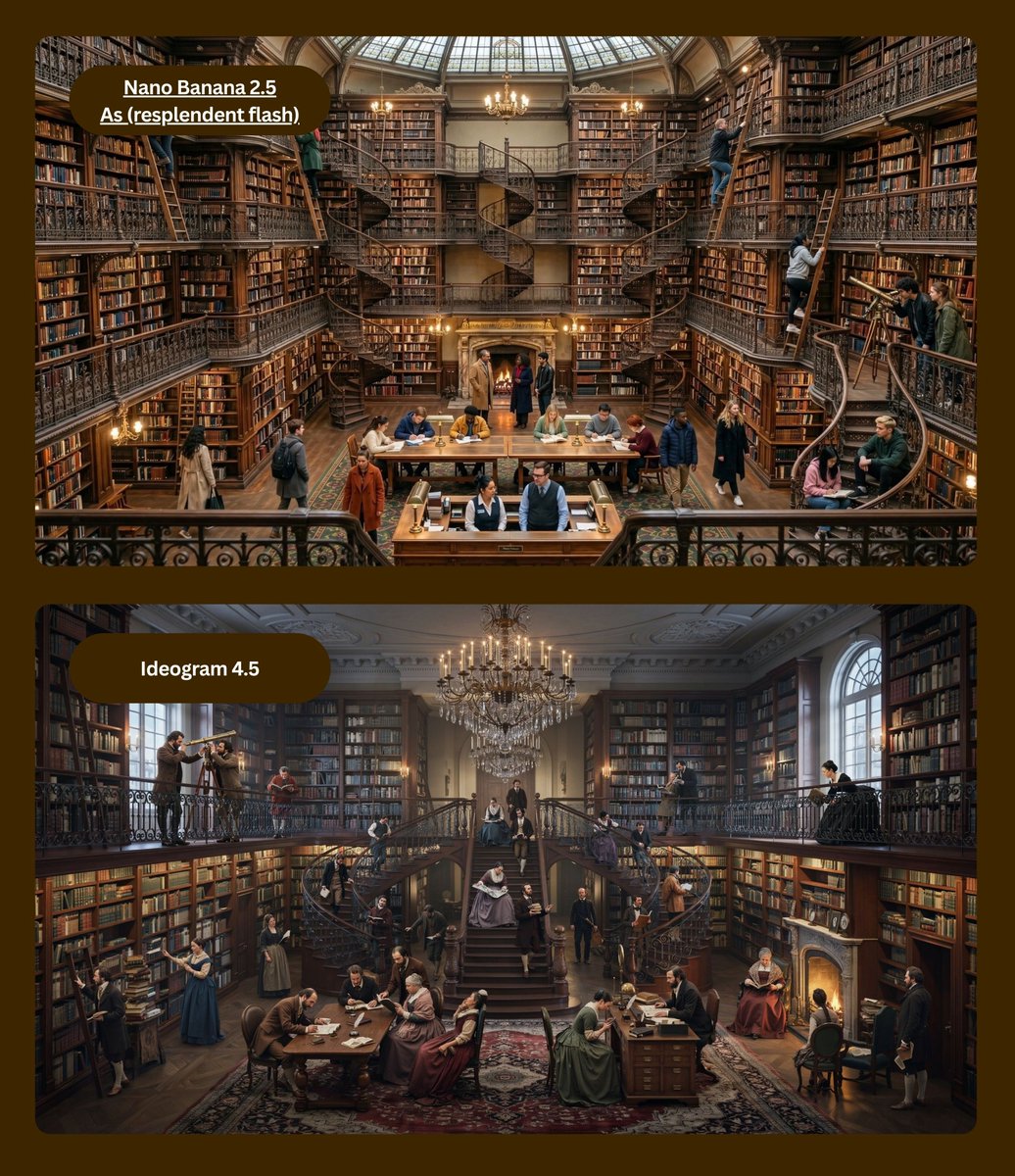 A massive Victorian library viewed from a high balcony. Exactly 24 people occup…