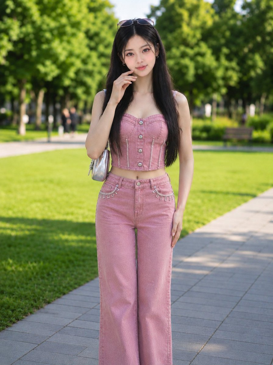 在阳光明媚的绿色公园里站着一位韩国女孩,面部和五官与提供的参考图像完全一致,保持自然肤质和真实的身材比例。她留着长直深色头发,头顶架着太阳镜,…, 图片 1