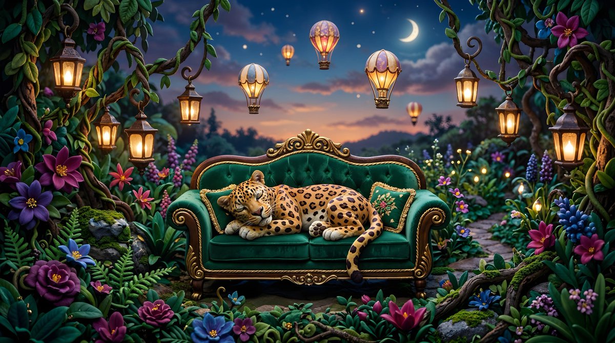 A claymation style scene depicts a leopard sleeping peacefully on a luxurious e…
