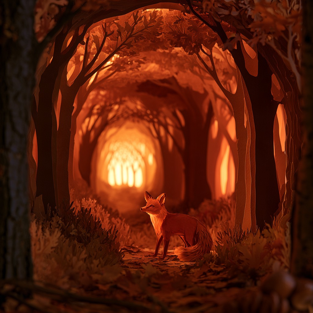 layered paper-cut diorama of an autumn forest, a small fox in the center, warm …