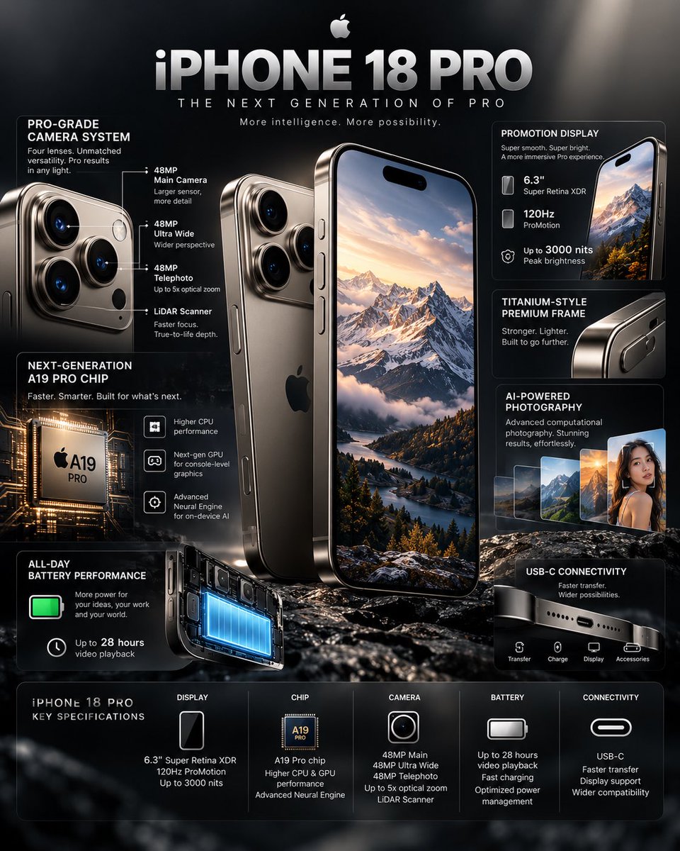 创建一个高端、照片写实风格的4K科技信息图，以iPhone 18 Pro作为主角产品。, 图片 2