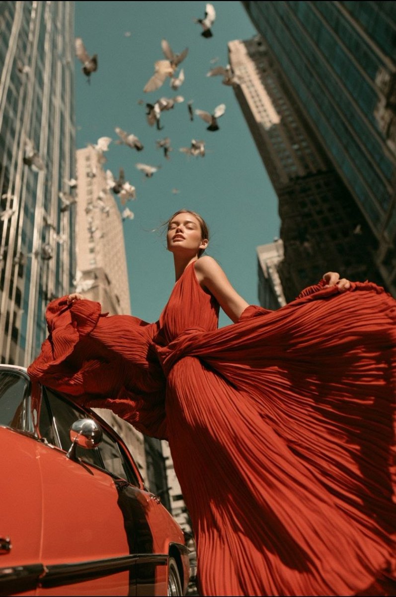 A striking high-fashion editorial photographed from an extreme low street-level…